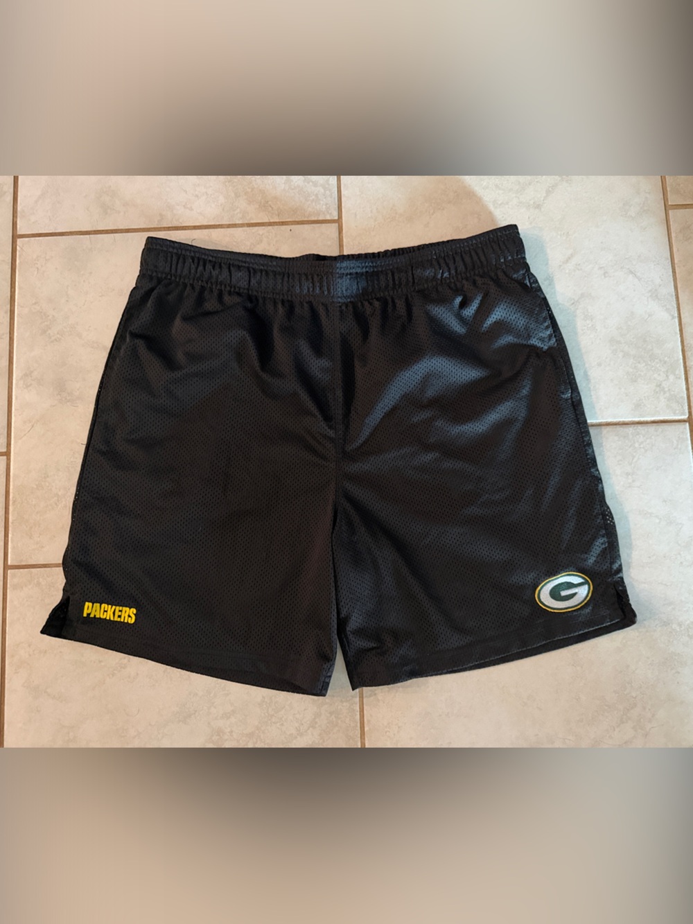 NFL Black Mesh Shorts with Yellow Packers Detail